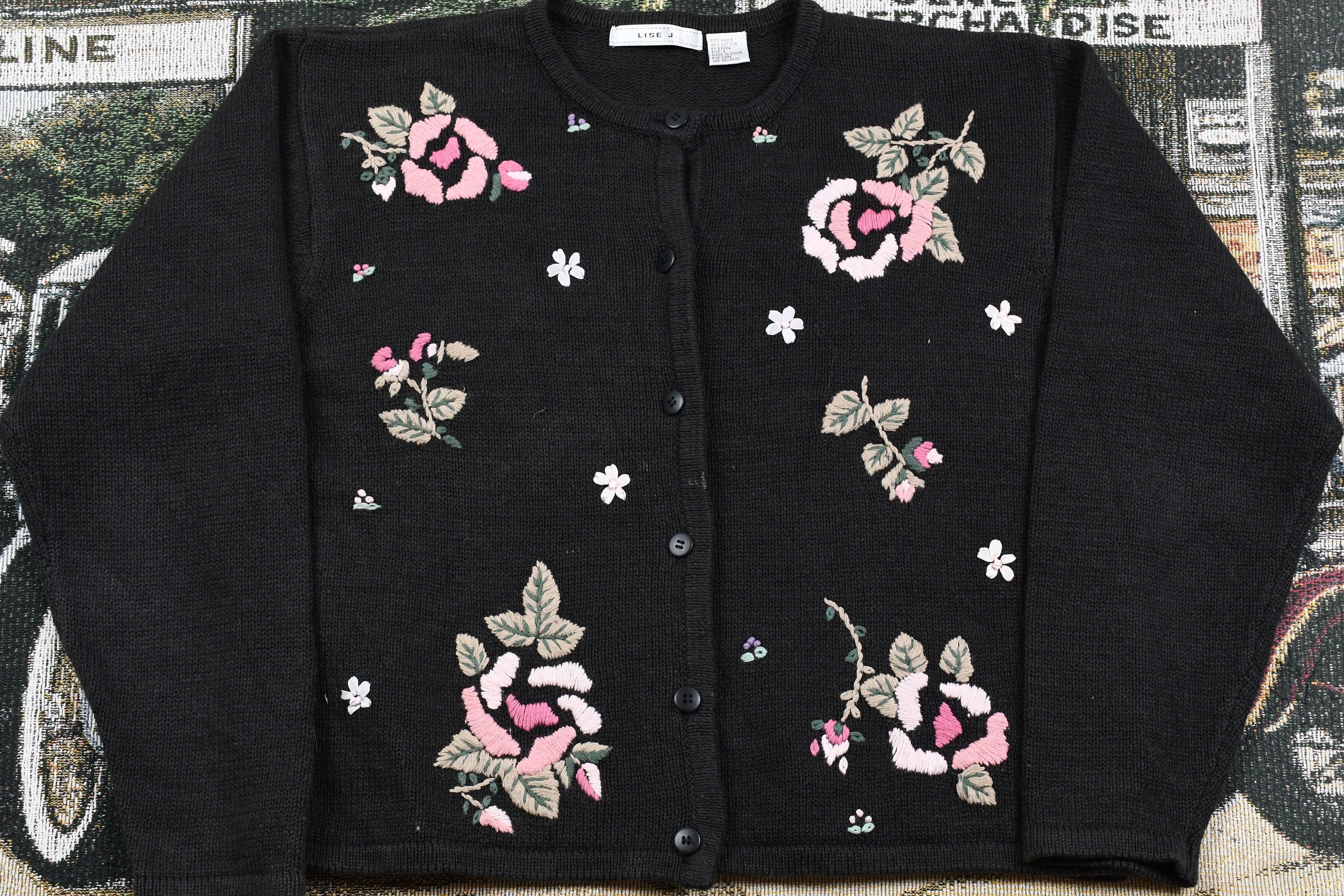 Vintage 1990s Lise J Floral Embroidered Knitted Sweater