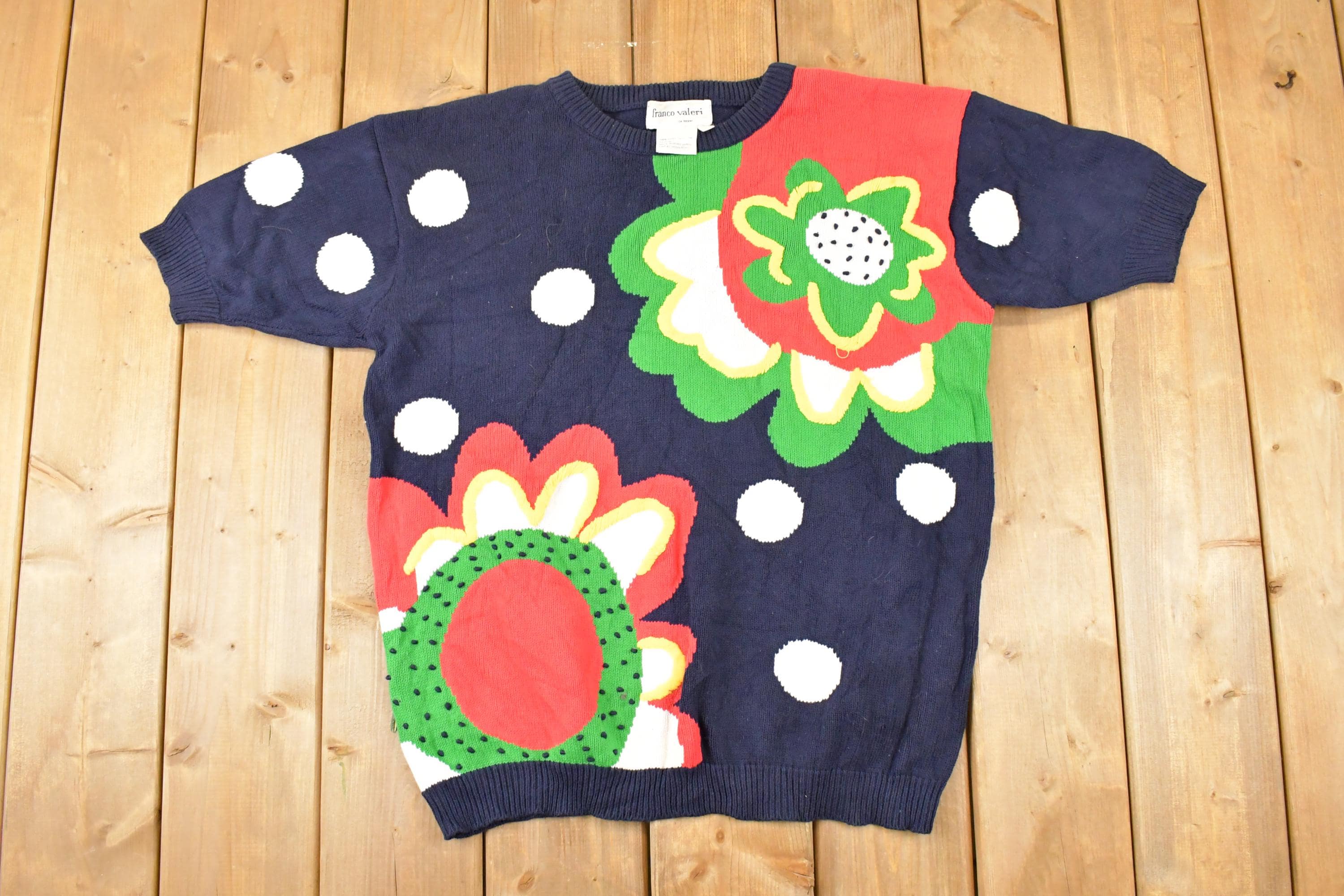 Vintage 1990s Franco Valeri Floral Embroidered Knit Crewneck Sweater Womens L