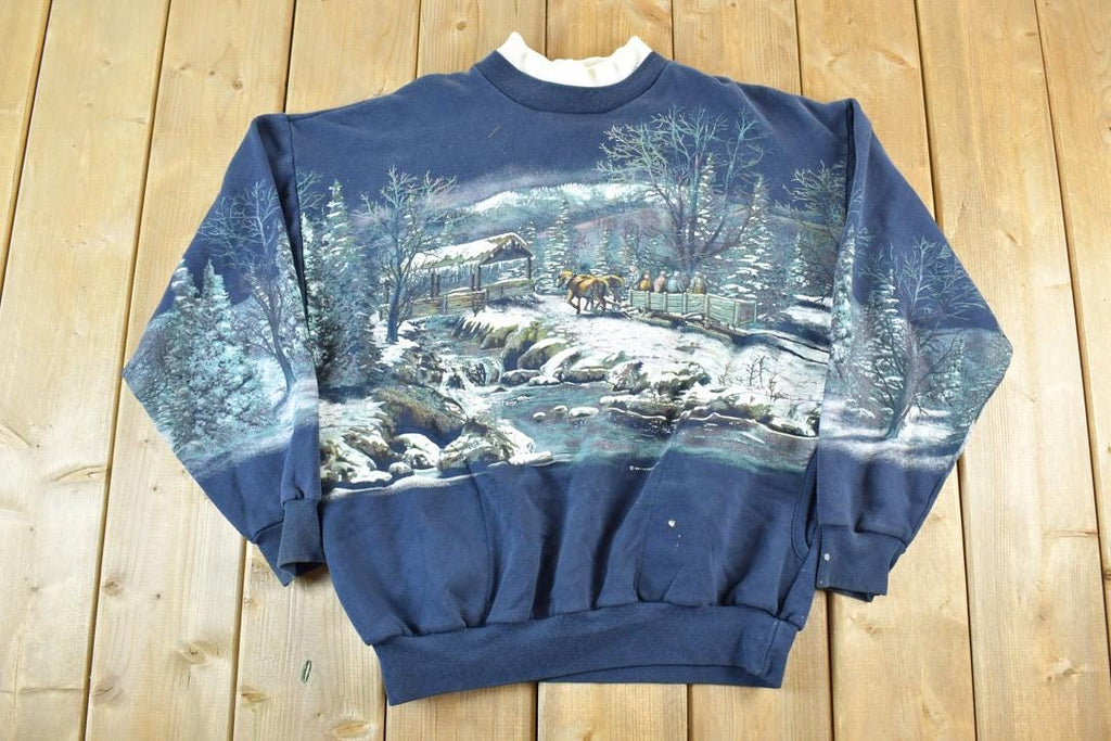 Vintage 1990s All Over Print Winter Theme Laceneck Crewneck Sweatshirt