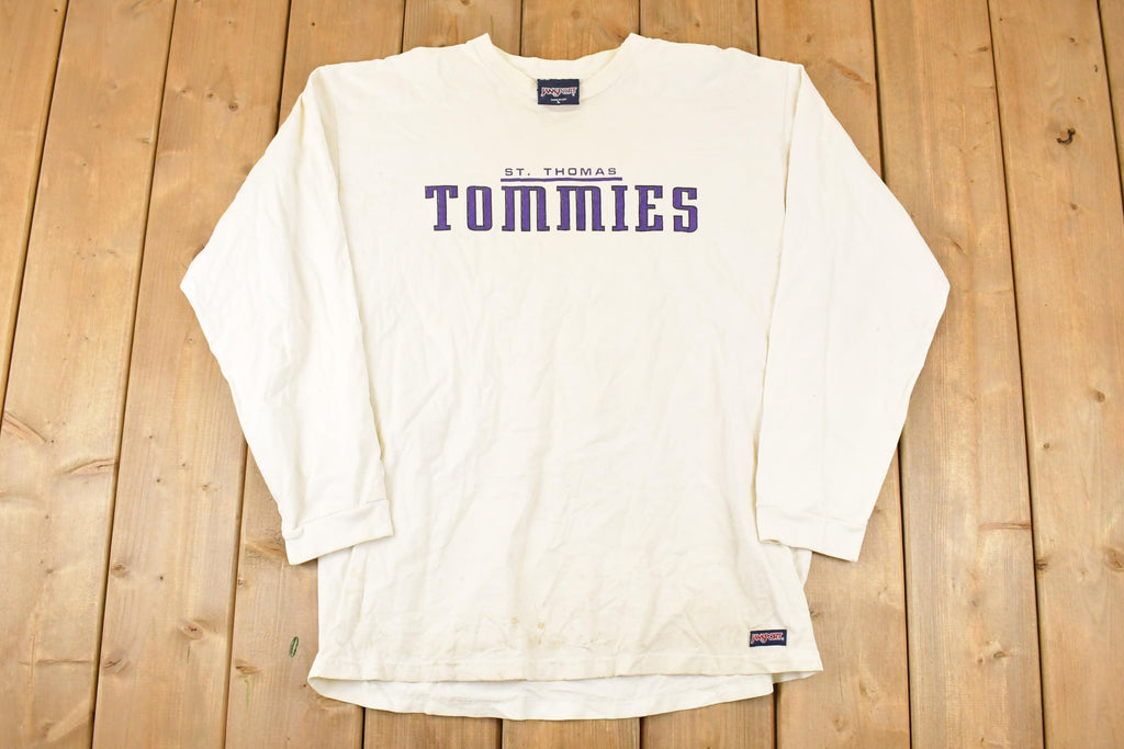 Vintage 1990s Thrashed Jansport St Thomas Tommies Graphic Print Crewneck Shirt Mens L  Made In USA  90's Destination Sweater