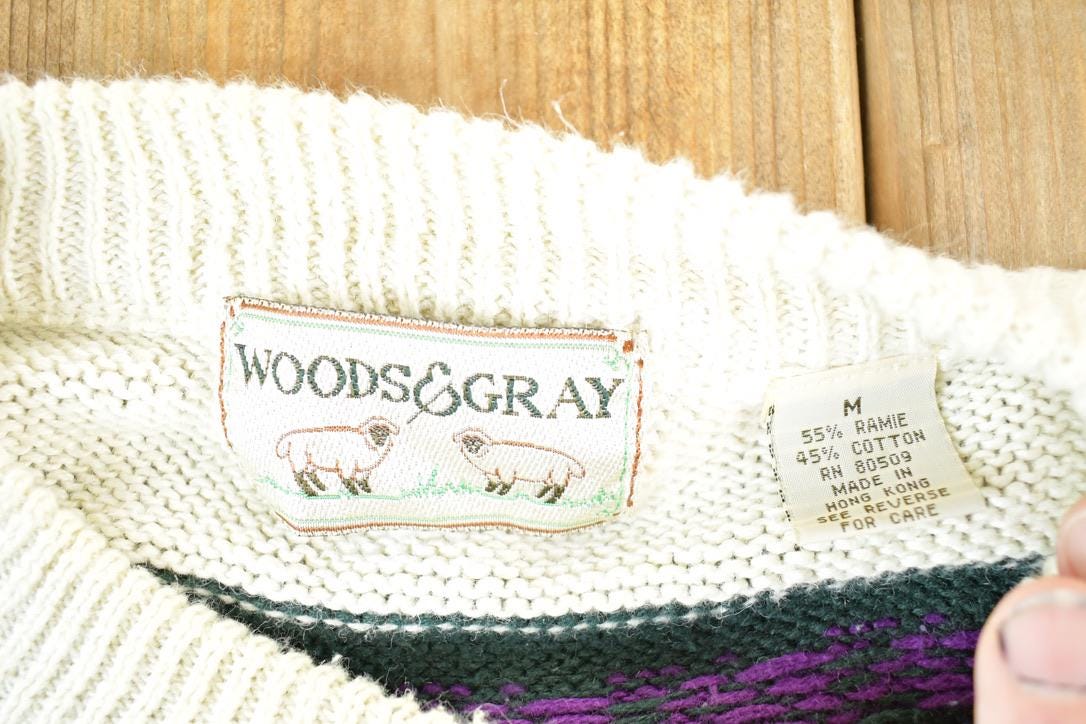 Vintage 1990s Woods And Grey Knit Abstract Pattern Crewneck Sweater Mens M