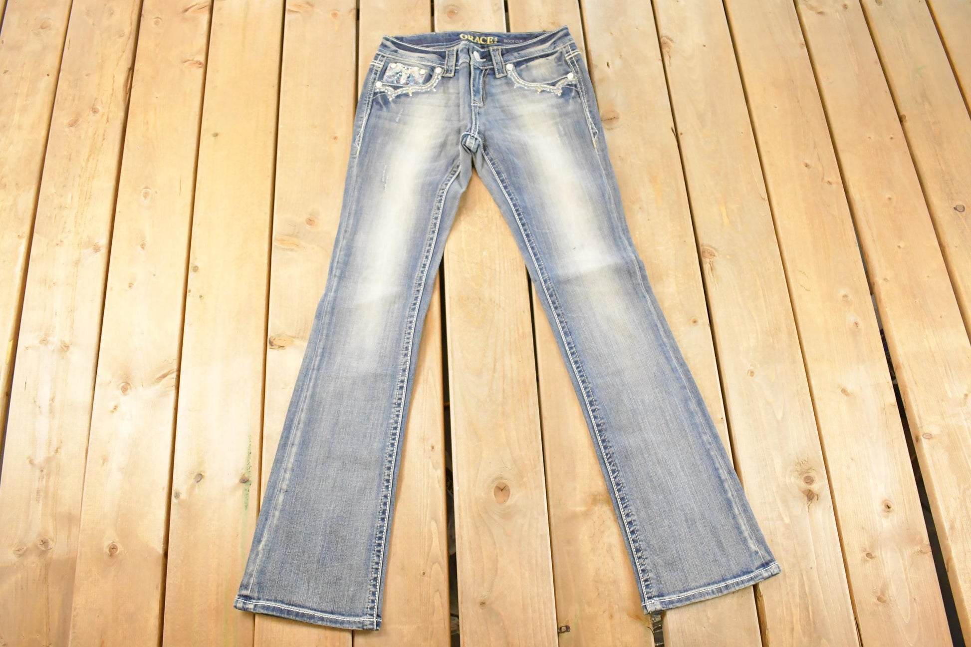 Vintage Deadstock Y2K Grace In LA Bedazzled Low Rise Jeans Women's Size 27 x 32