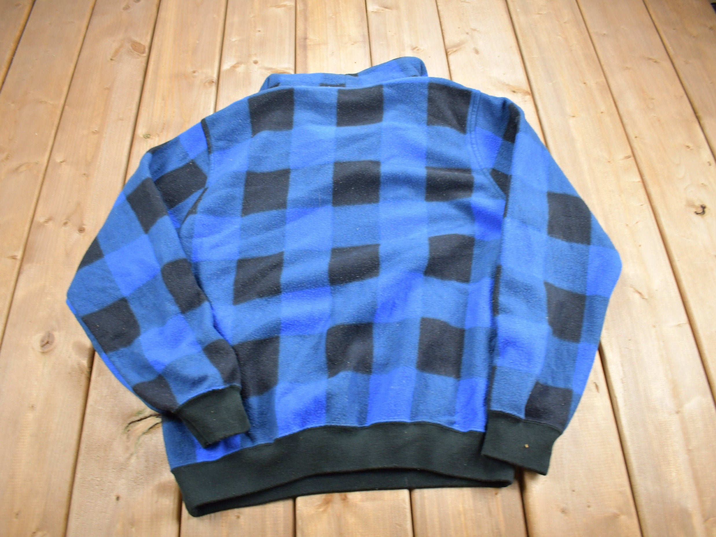 Vintage 1990s Trader Bay Quarter Zip Plaid Fleece Sweater  Outdoorsman  90s Sweater  Streetwear  Hiking  Fleece Zip up