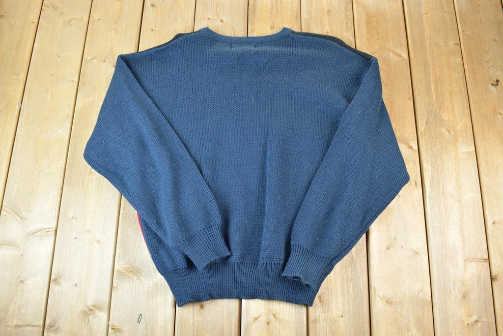 Vintage 1990s Forsyth Tradition Leather Patch Knit Abstract Pattern Crewneck Sweater Made In 90s Crewneck