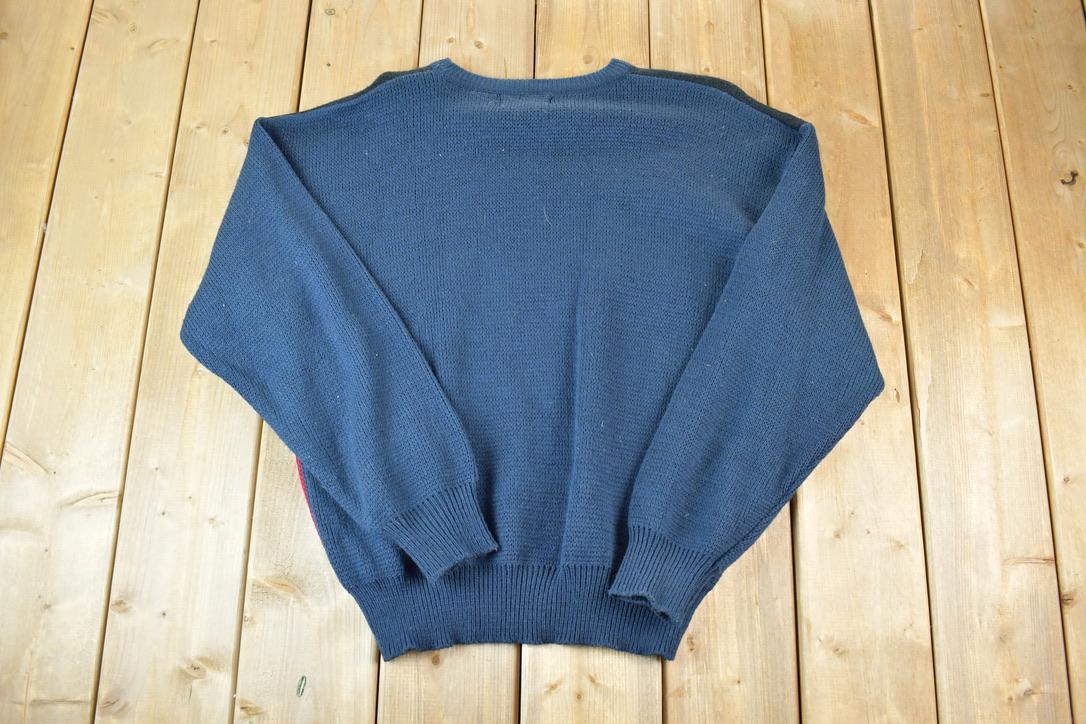 Vintage 1990s Forsyth Tradition Leather Patch Knit Abstract Pattern Crewneck Sweater Made In 90s Crewneck