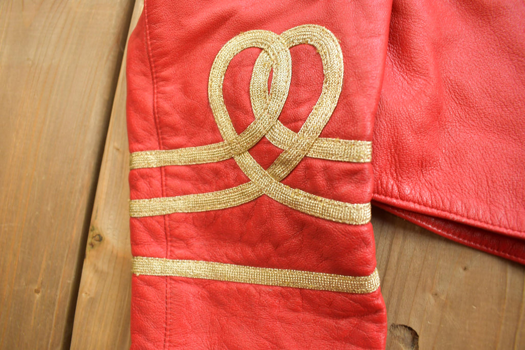 Vintage 1980s Womens Red Leather Embroidered Abstract Pattern Light Jacket