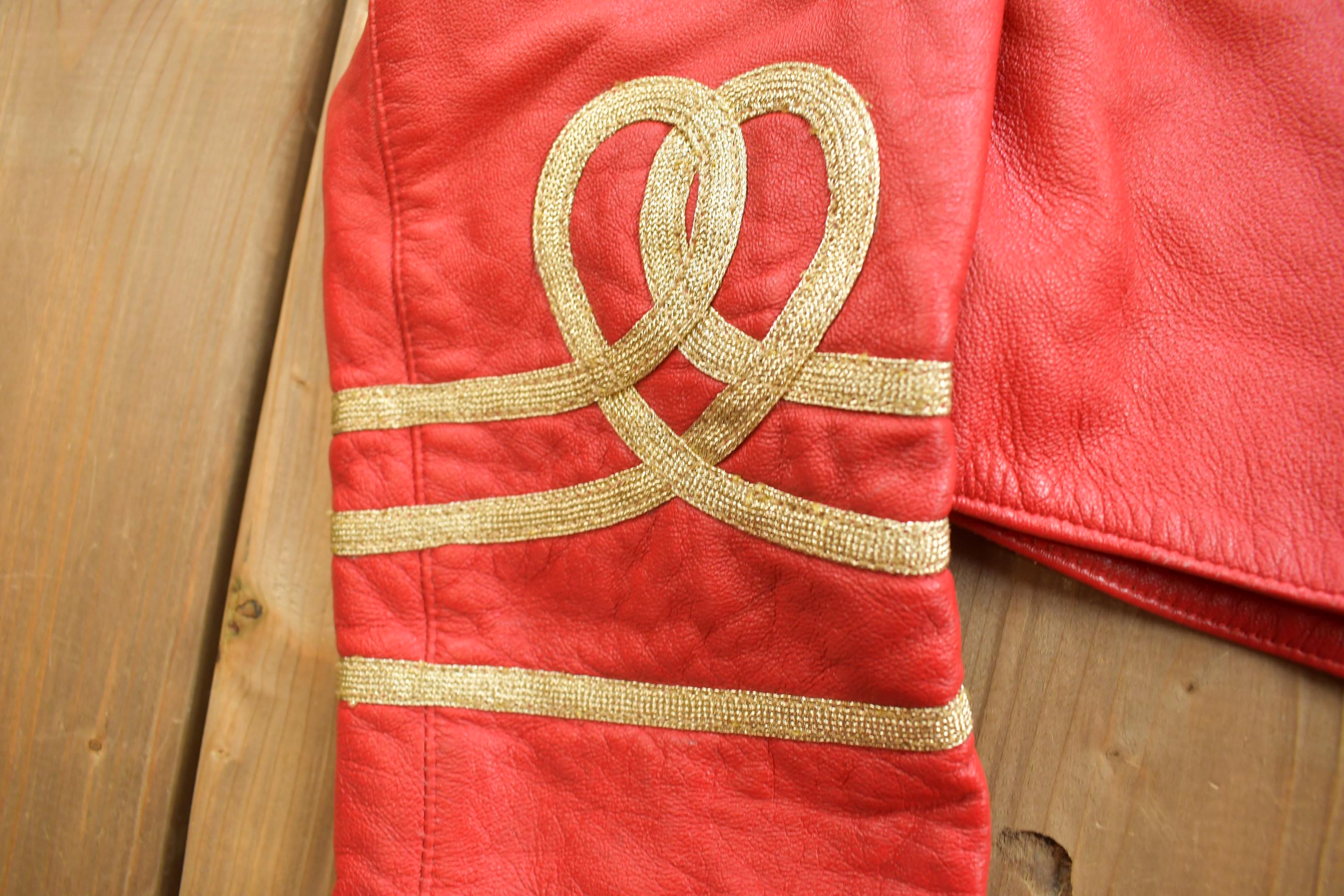 Vintage 1980s Womens Red Leather Embroidered Abstract Pattern Light Jacket