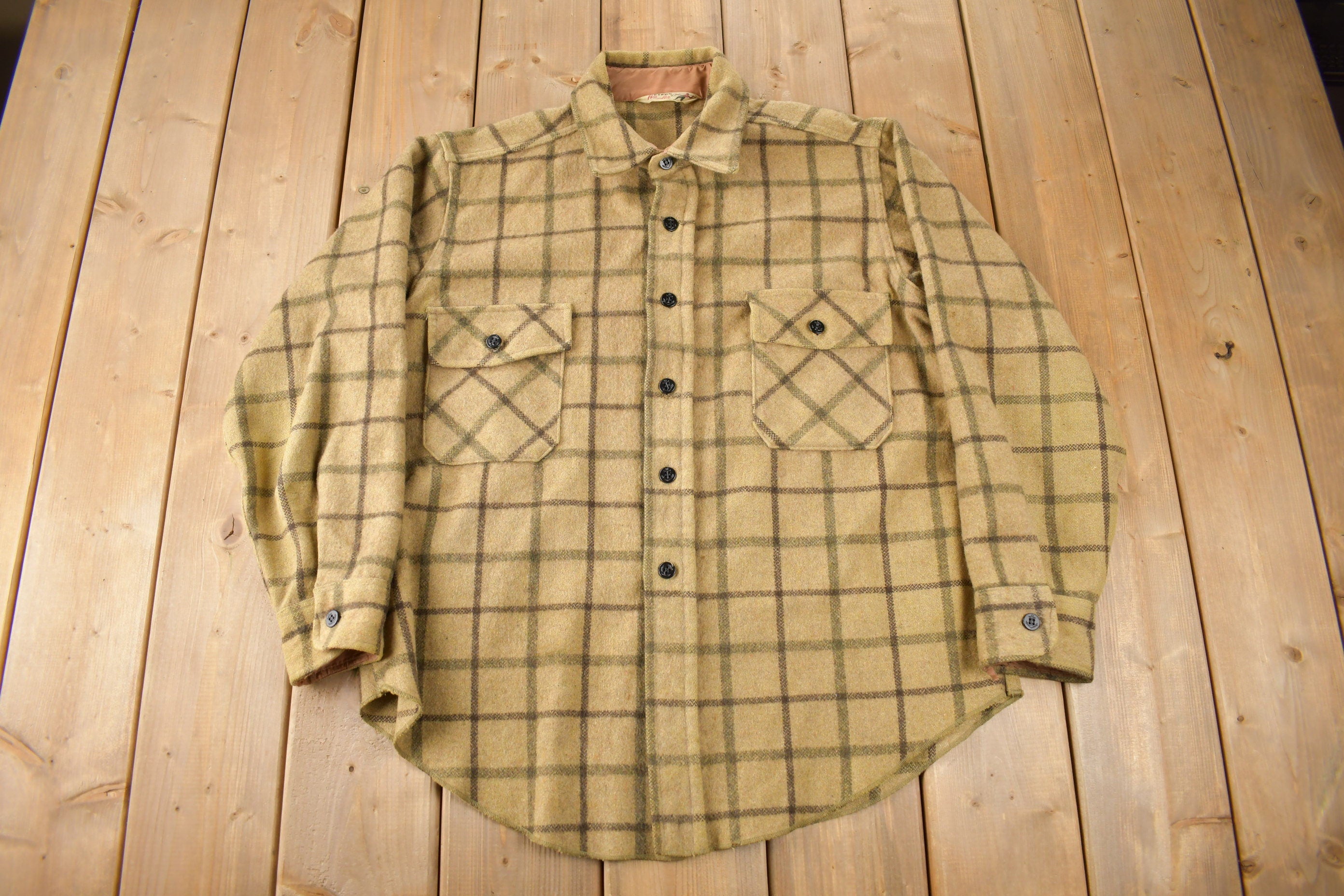 Vintage 1950s Peters Whaler Plaid Wool Button Up Flannel Size Large Workwear