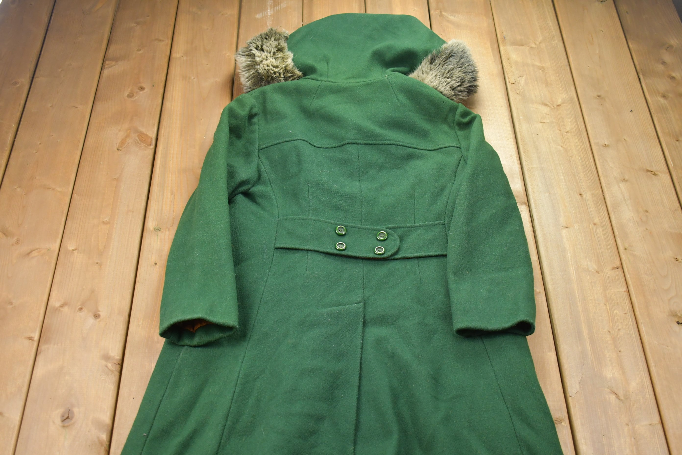 Vintage 1990s Wool Fur Hooded Full Length Jacket