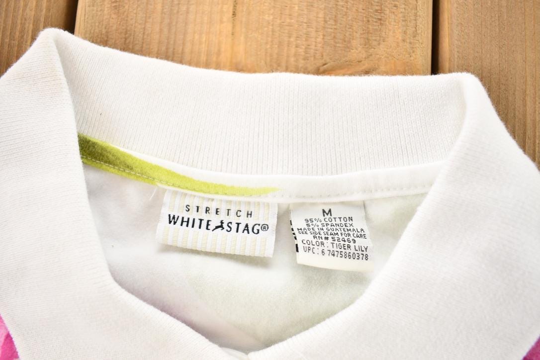 Vintage 2000s Women's White Stag Tropical Floral Pattern Polo Shirt