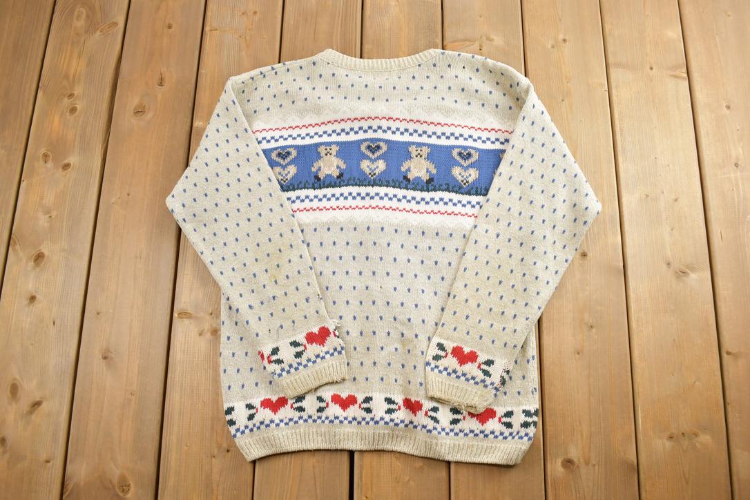 Vintage 1990s Cottage Cove Button Up All Over Print Heart And Bear Knit Crewneck Sweater