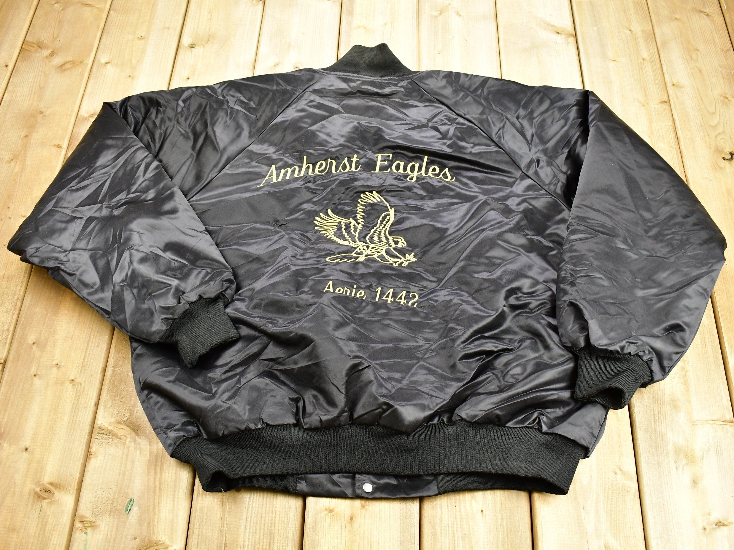 Vintage 1980s Amherst Eagles Aerie 1442 Embroidered Satin Snap Button Jacket