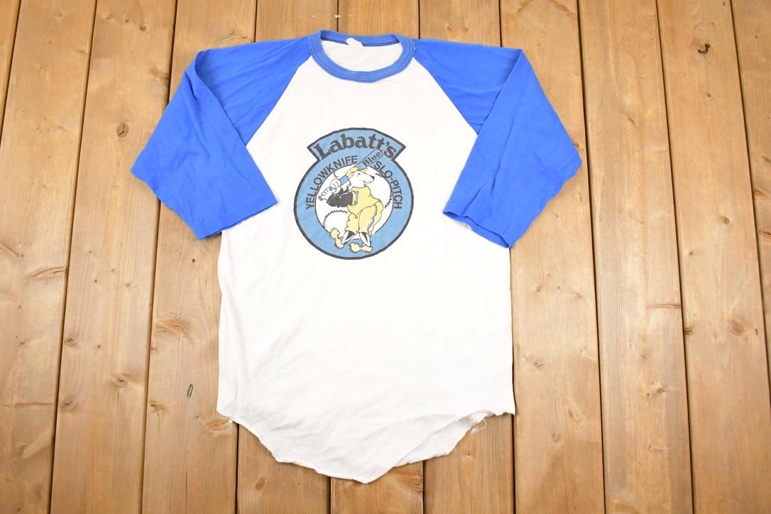 Vintage 1980s Labatts Yellowknife Slo Pitch Souvenir Baseball Raglan T-Shirt Men's M