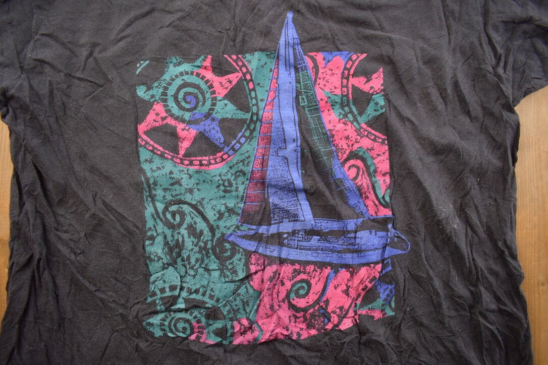 Vintage 1990s Abstract Sailing Theme Graphic T Shirt