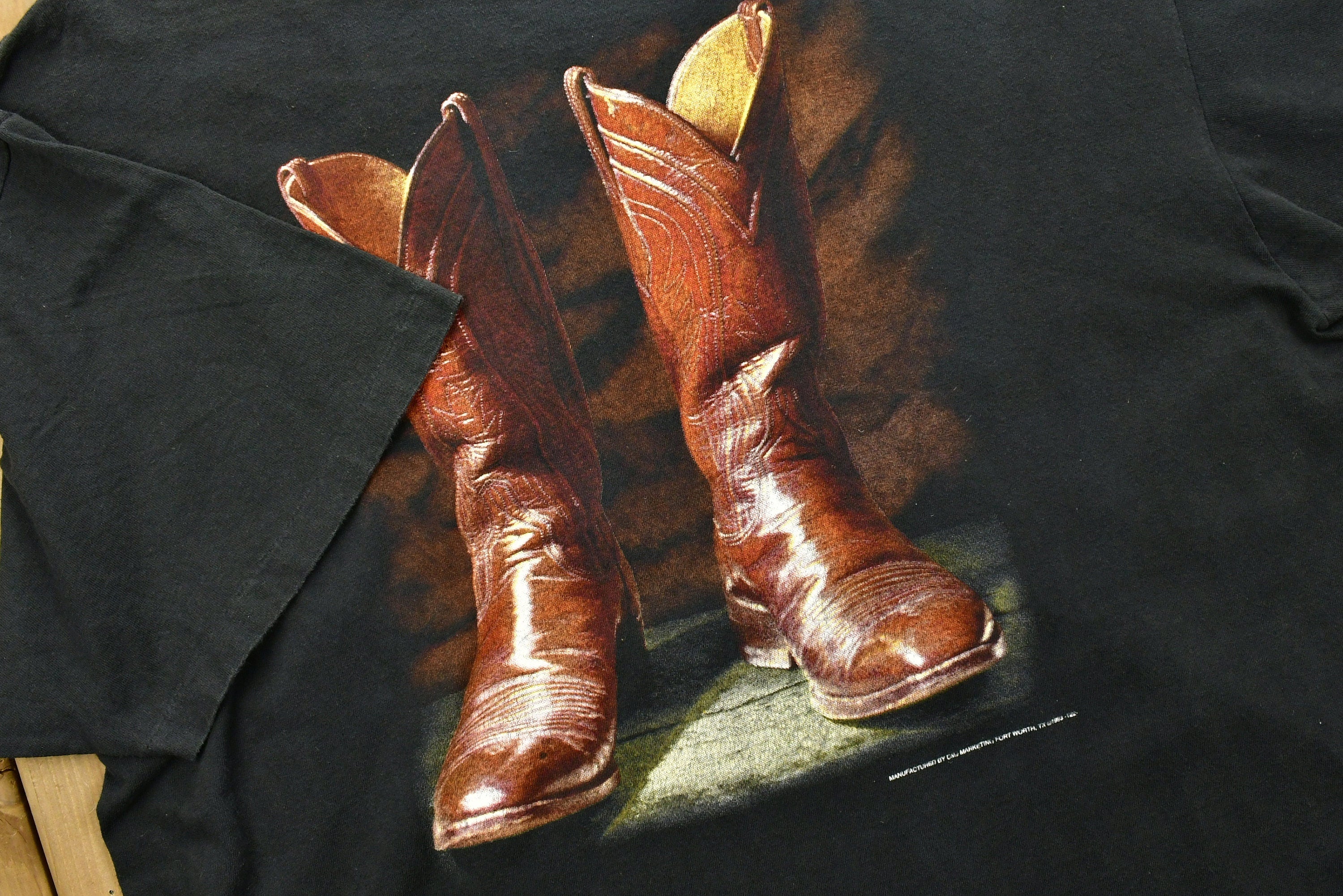 Vintage 90'S Cowboy Boots 3D Emblem T-Shirt