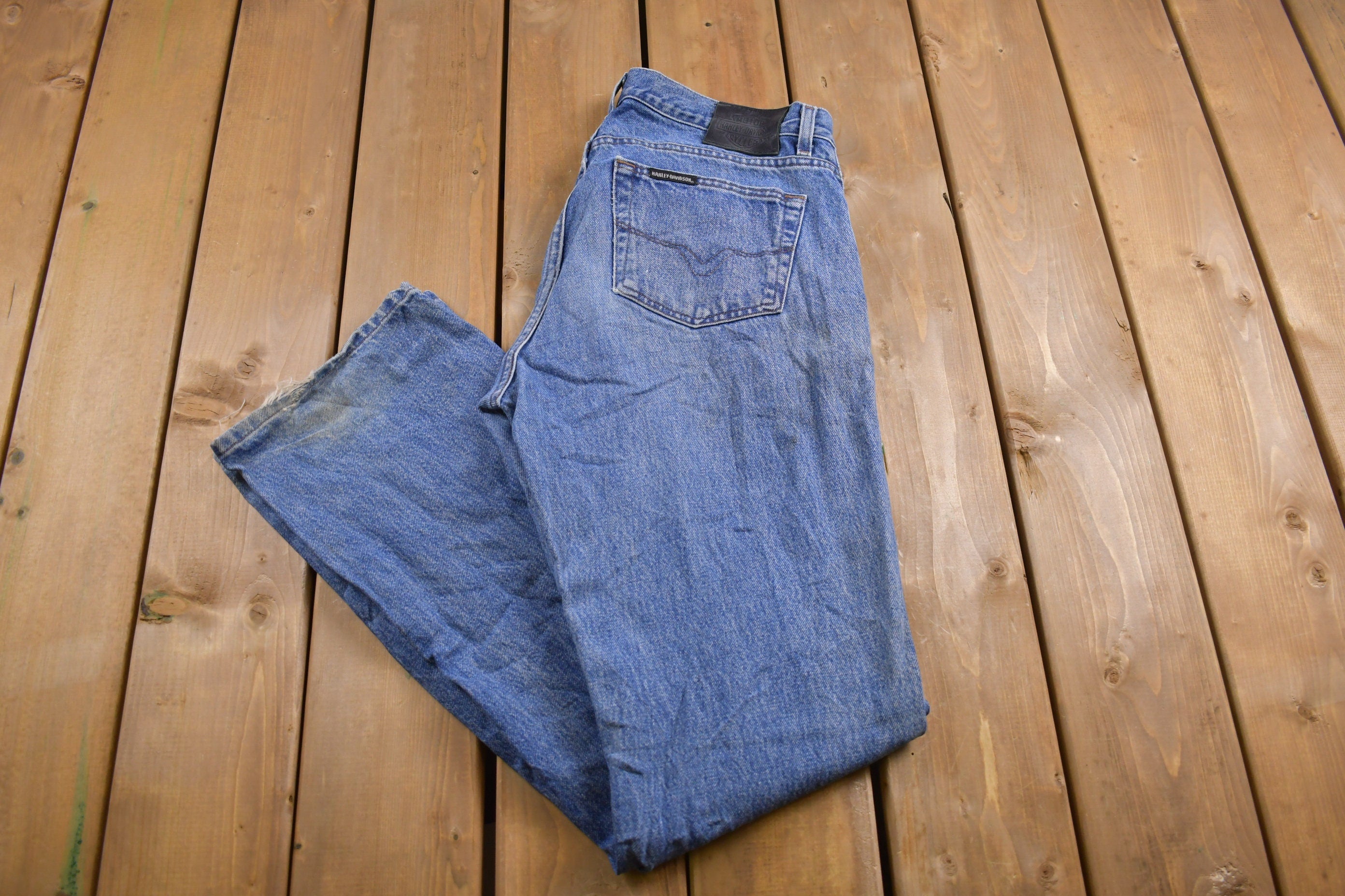 Vintage 1990's Harley Davidson Light Wash Blue Denim 35 x 35 /