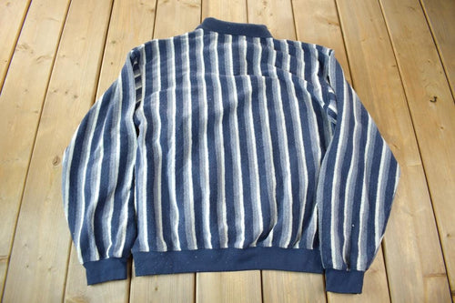 Vintage 1990s David Taylor Striped Knit Quarter Button Collared Sweater / Size L / Blue / Striped Knit