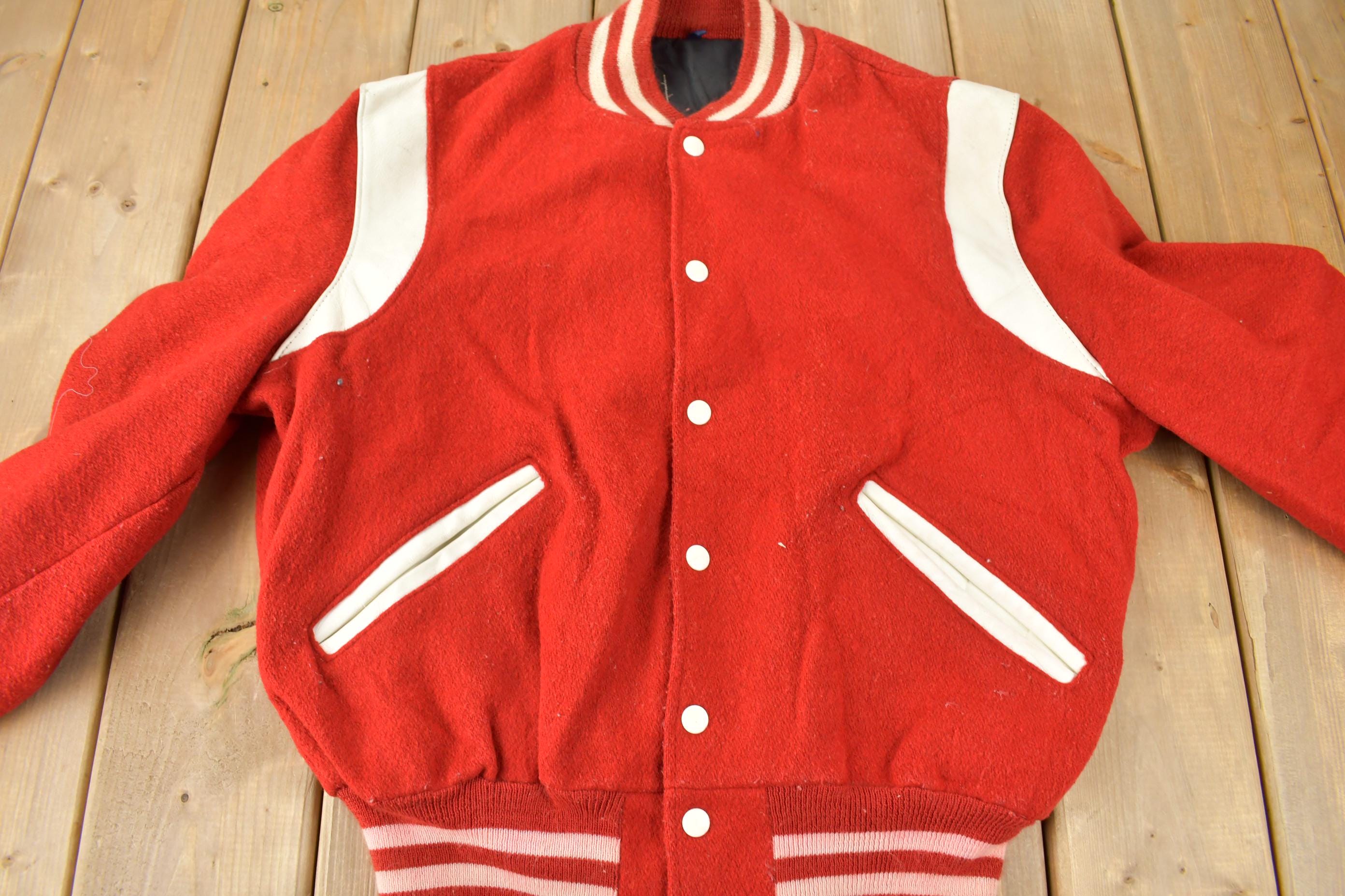 Vintage 1970s Leather & Wool Blank Varsity Jacket Made In USA