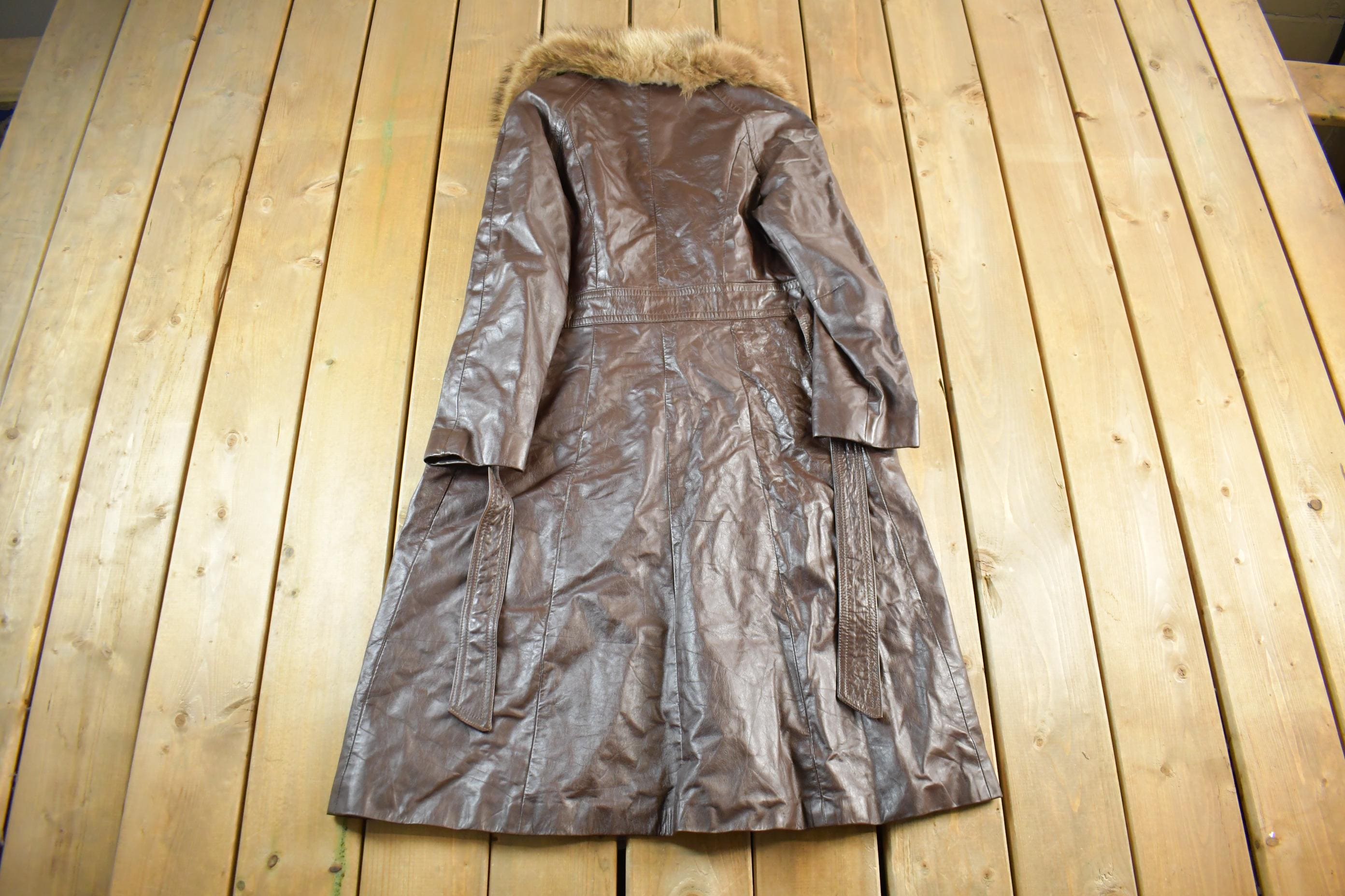 Vintage 1980s Leather Fur Collar Full Length Jacket Women's S
