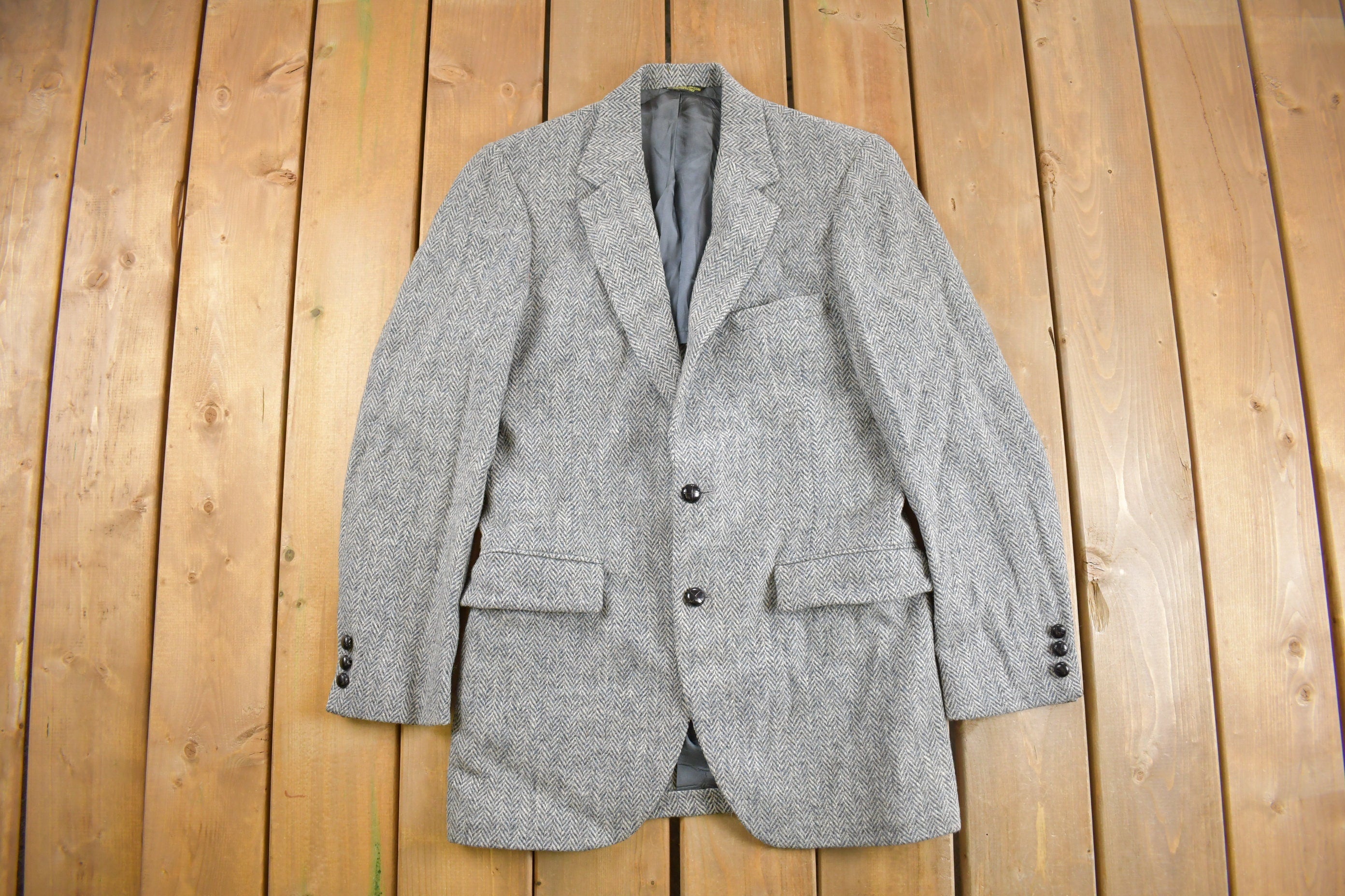 Vintage 1980s Harris Tweed Herringbone Blazer Button Up Shirt