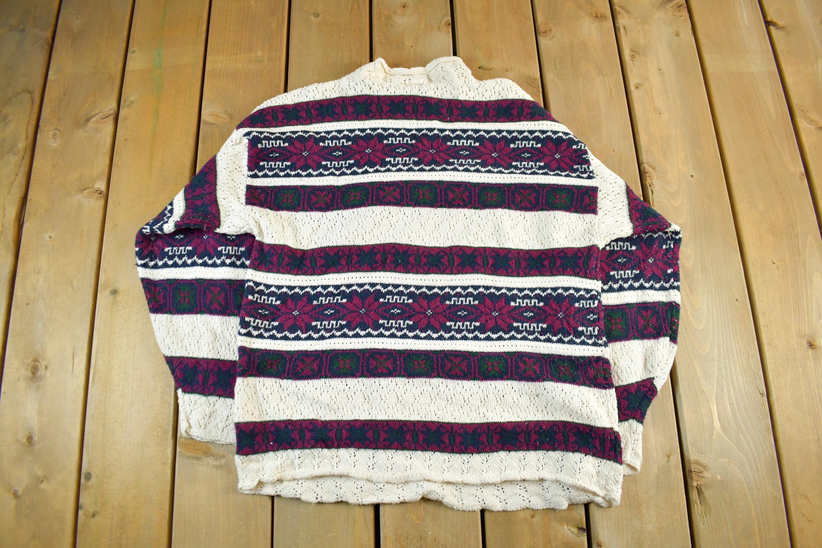 Vintage 1990s Jaguar Knit Floral Theme Crewneck Sweater Men's Large
