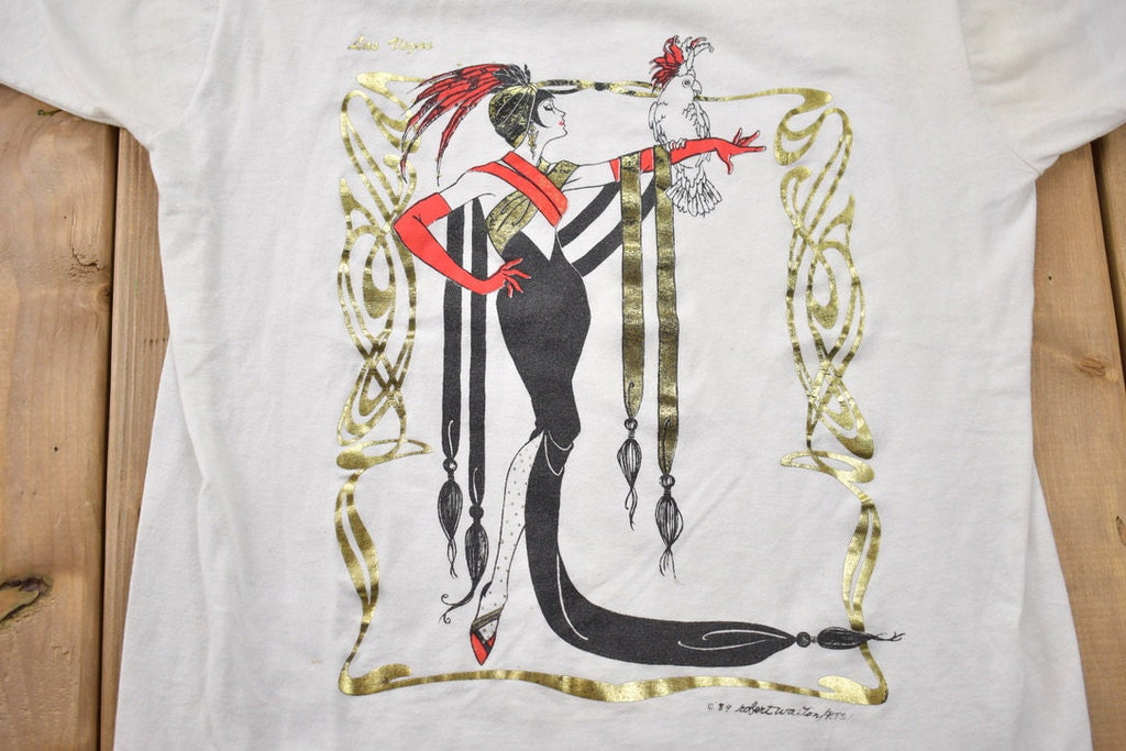 Vintage 1989 Las Vegas Lady with a Bird Graphic Souvenir T Shirt