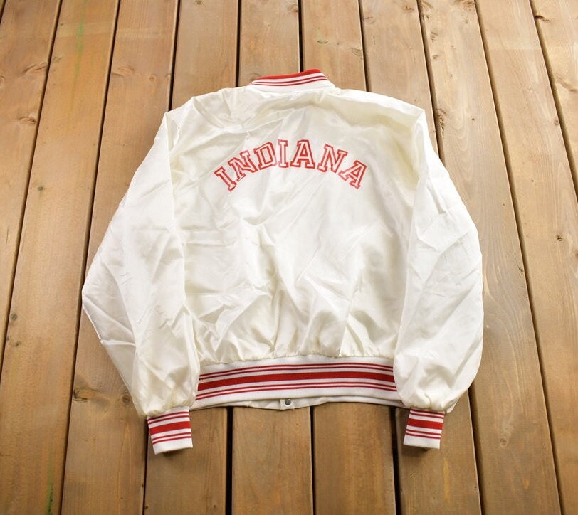 Vintage 1980s Indiana University Snap Button Satin Jacket Made In USA Size XL