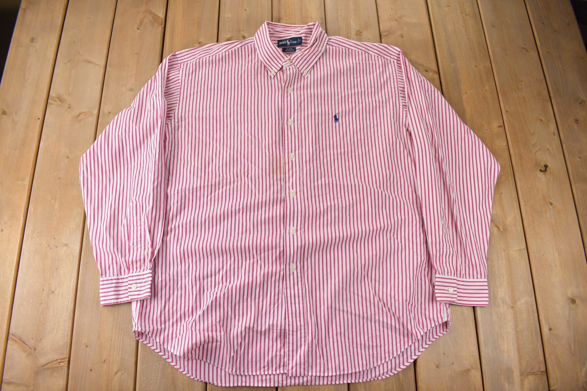 Vintage 1990s Ralph Lauren Pink Striped Button Up Blake Dress Shirt Size XXL
