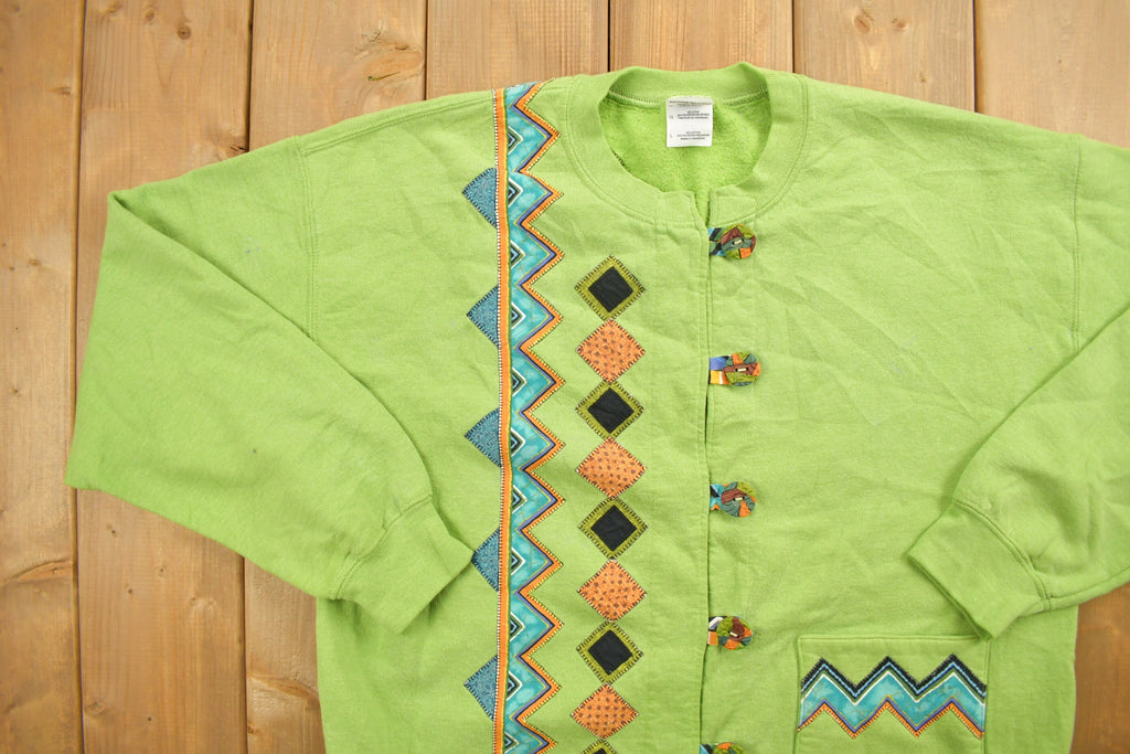 Vintage 1990s Abstract Green Embroidered Cardigan Sweater
