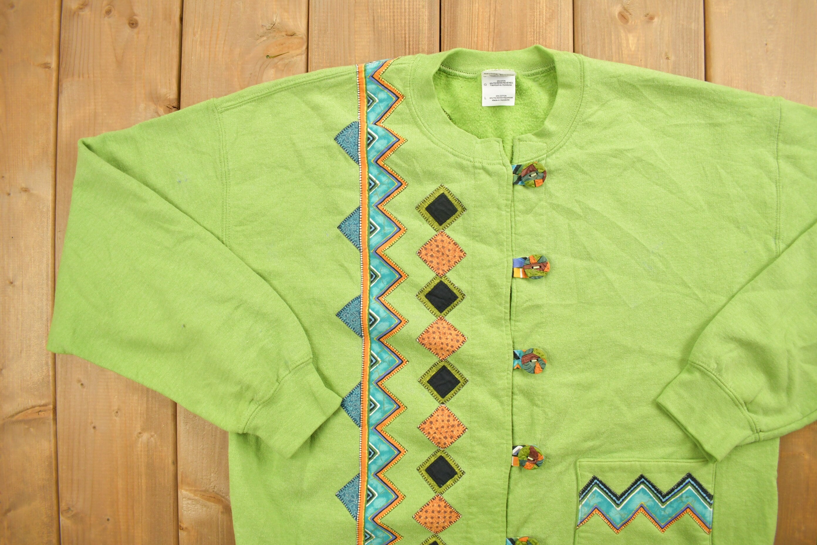 Vintage 1990s Abstract Green Embroidered Cardigan Sweater