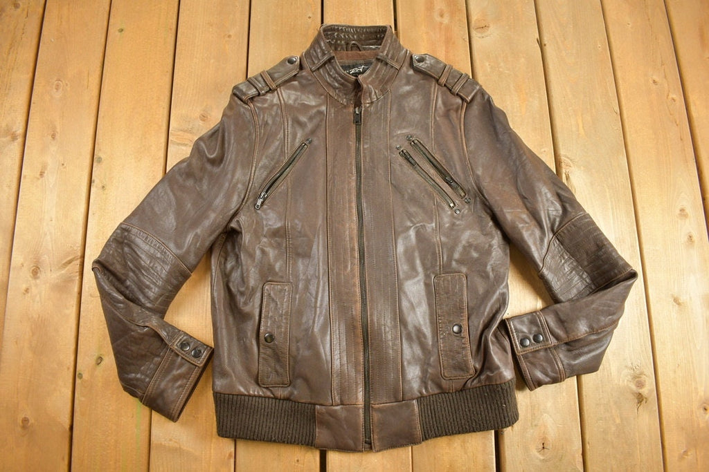 Vintage 1980s Black Rivet Brown Cafe Racer Leather Jacket