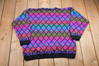 Vintage 1990s Knitted Sweater / Vintage 90s Crewneck / Pattern Sweater / Outdoor / Hand Knit / Pullover Sweatshirt