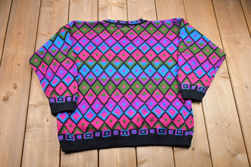 Vintage 1990s Knitted Sweater / Vintage 90s Crewneck / Pattern Sweater / Outdoor / Hand Knit / Pullover Sweatshirt