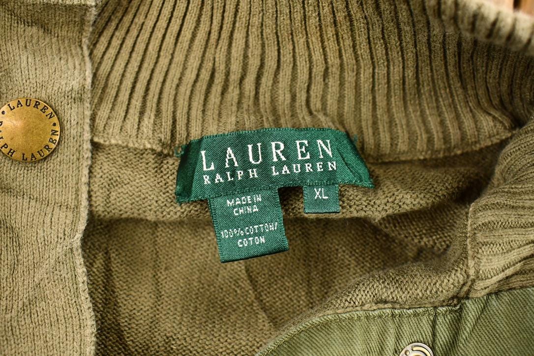 Vintage 1990s Women's Ralph Lauren Olive Drab Green Knit Short Sleeve Button Up Sweater