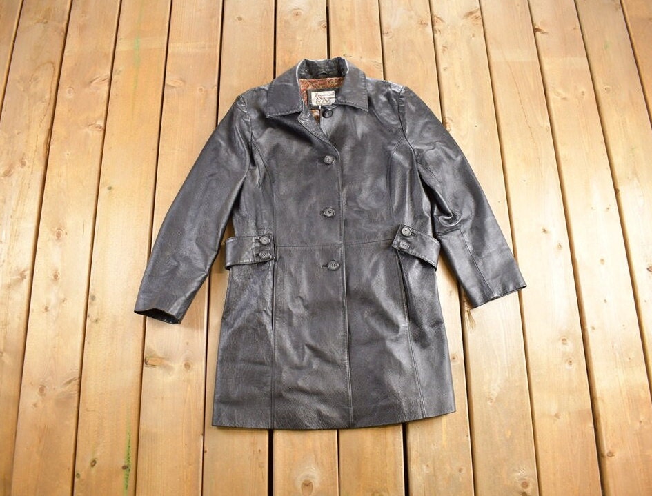 Vintage 1990s Full Length Black Leather Trench Coat