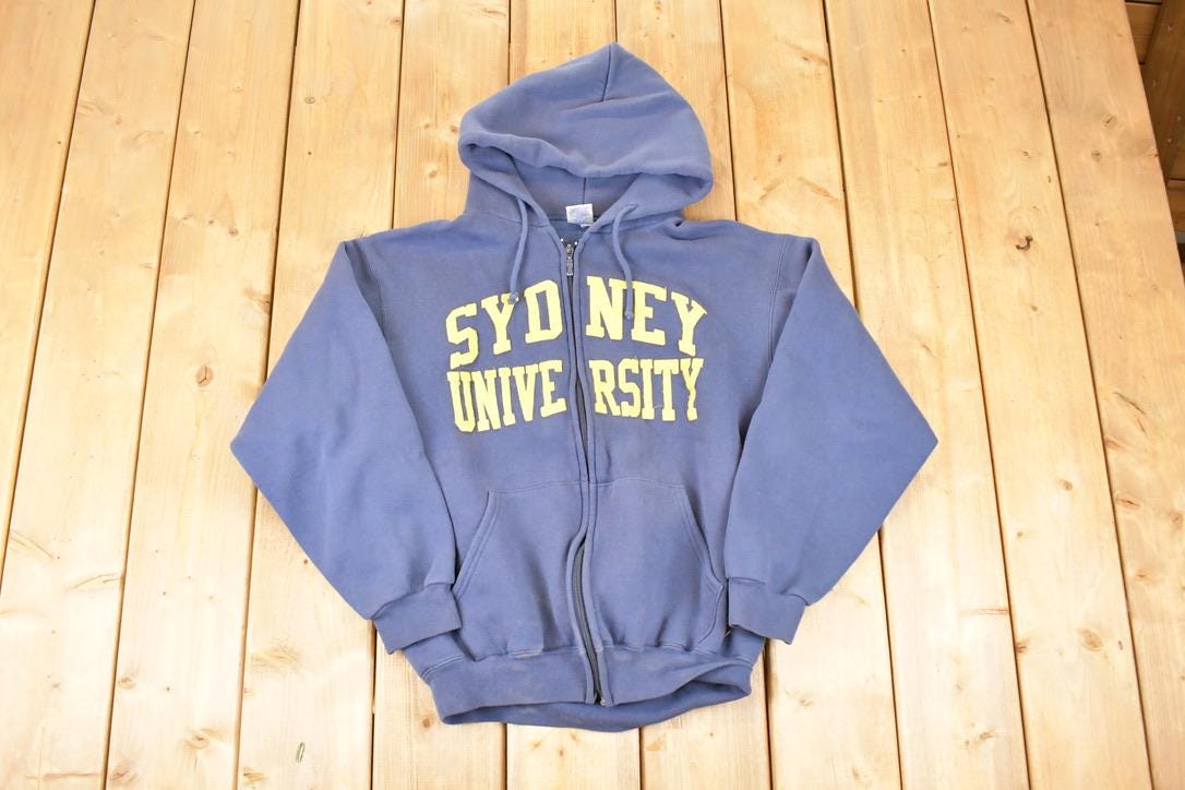 Vintage 1990s Sydney University Embroidered Full Zip Hoodie Sweatshirt Men's L
