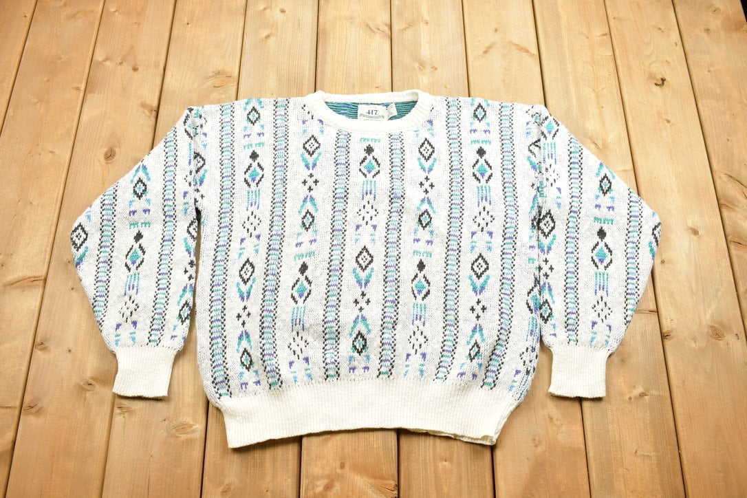 Vintage 1990s 417 Van Heusen Knitted Crewneck Sweater / Vintage 90s Crewneck / All Over Pattern / Abstract Knit/ Knit Pullover / Made in USA