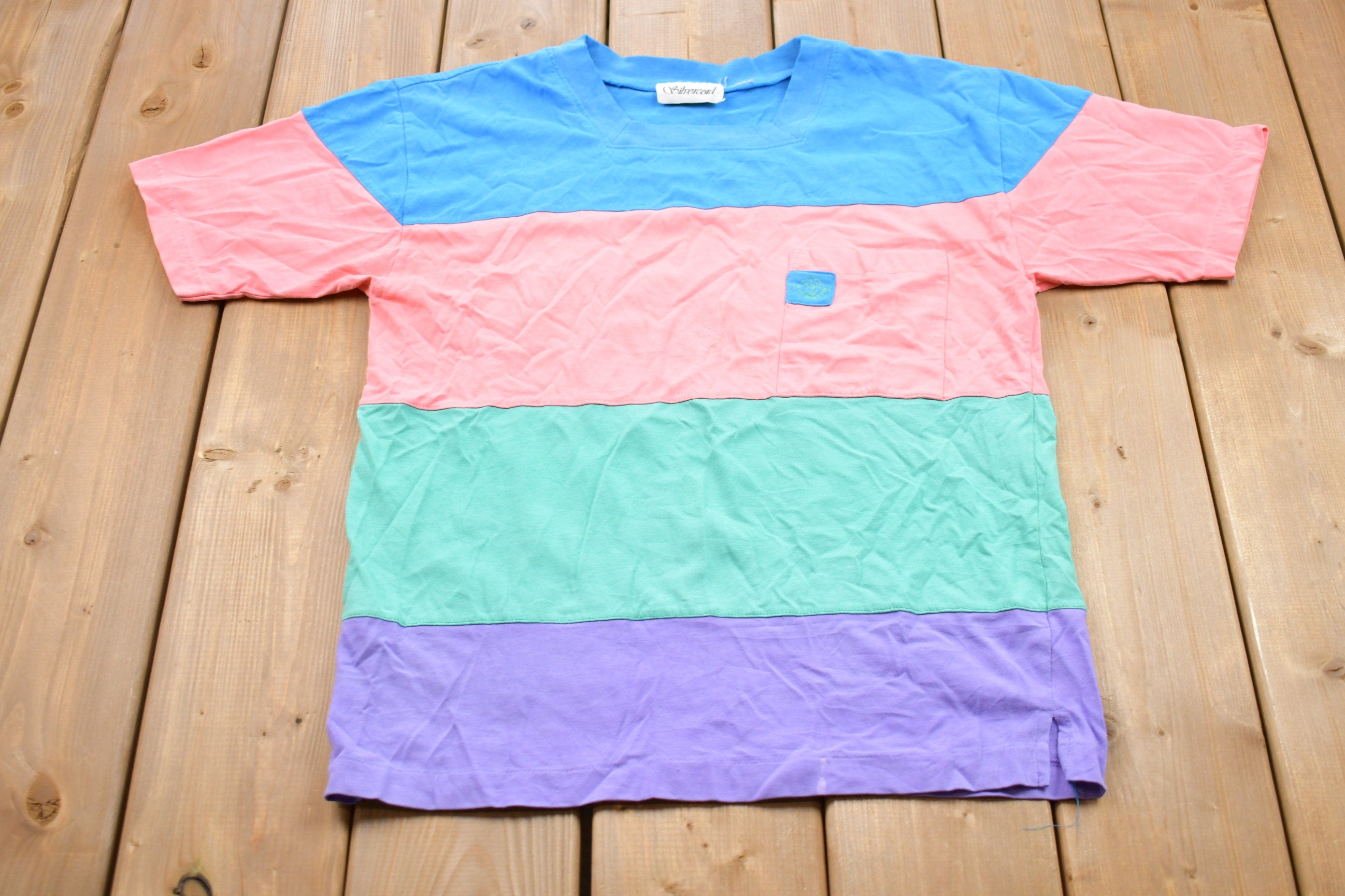 Vintage 1990s Silvercord Striped Color Block Graphic T-Shirt