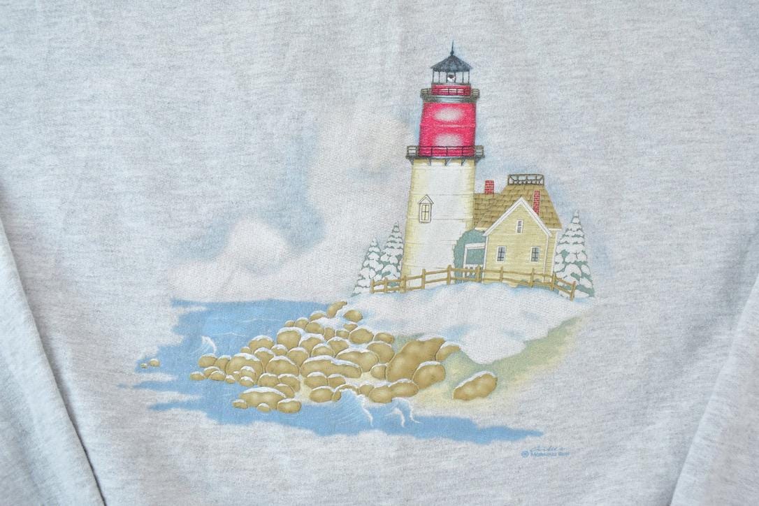 Vintage 1990s Cute Lighthouse Double Collar Morning Sun Crewneck Sweater
