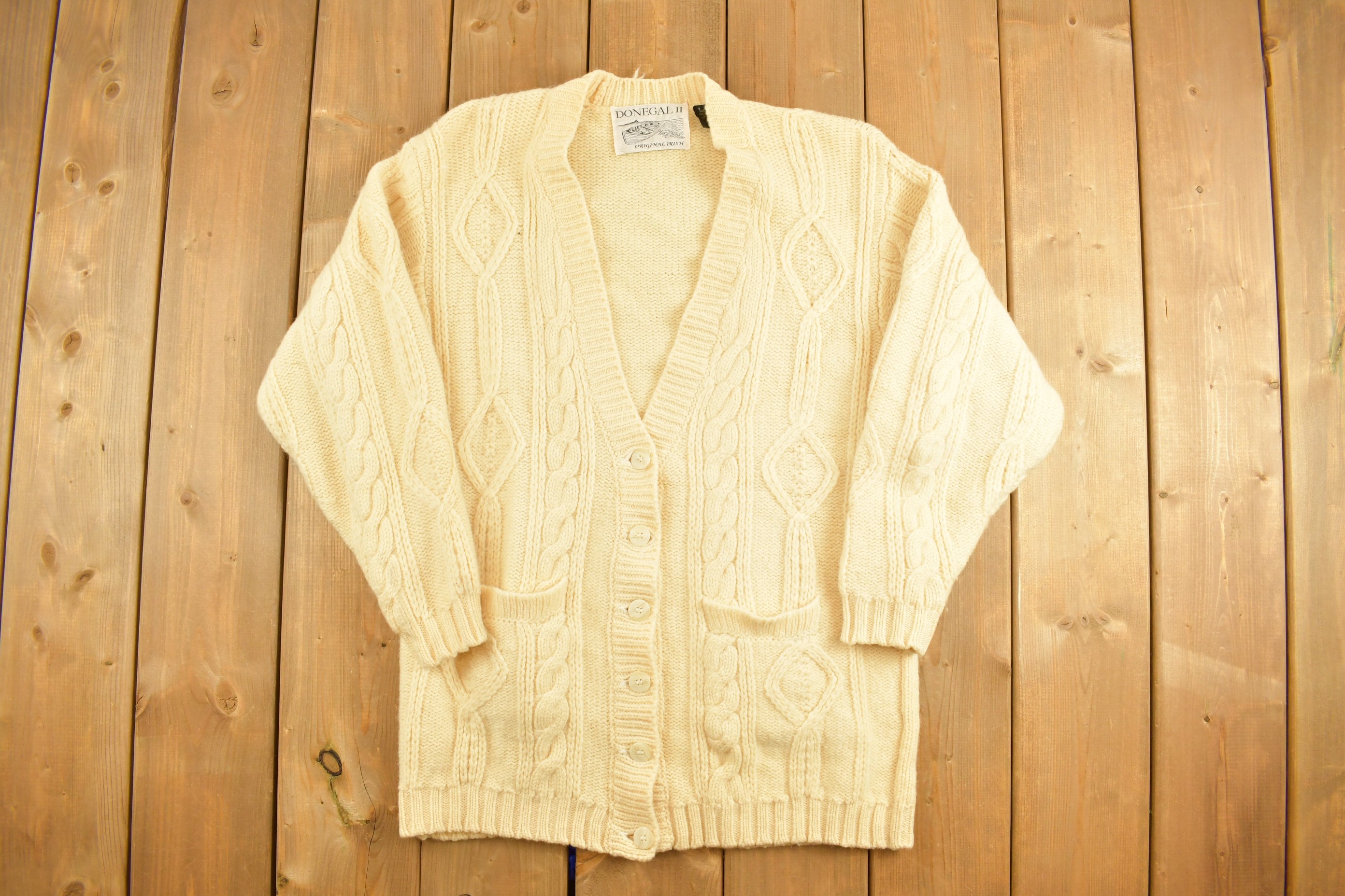 Vintage 1990s Beige Diamond Pattern Knitted Cardigan Sweater /