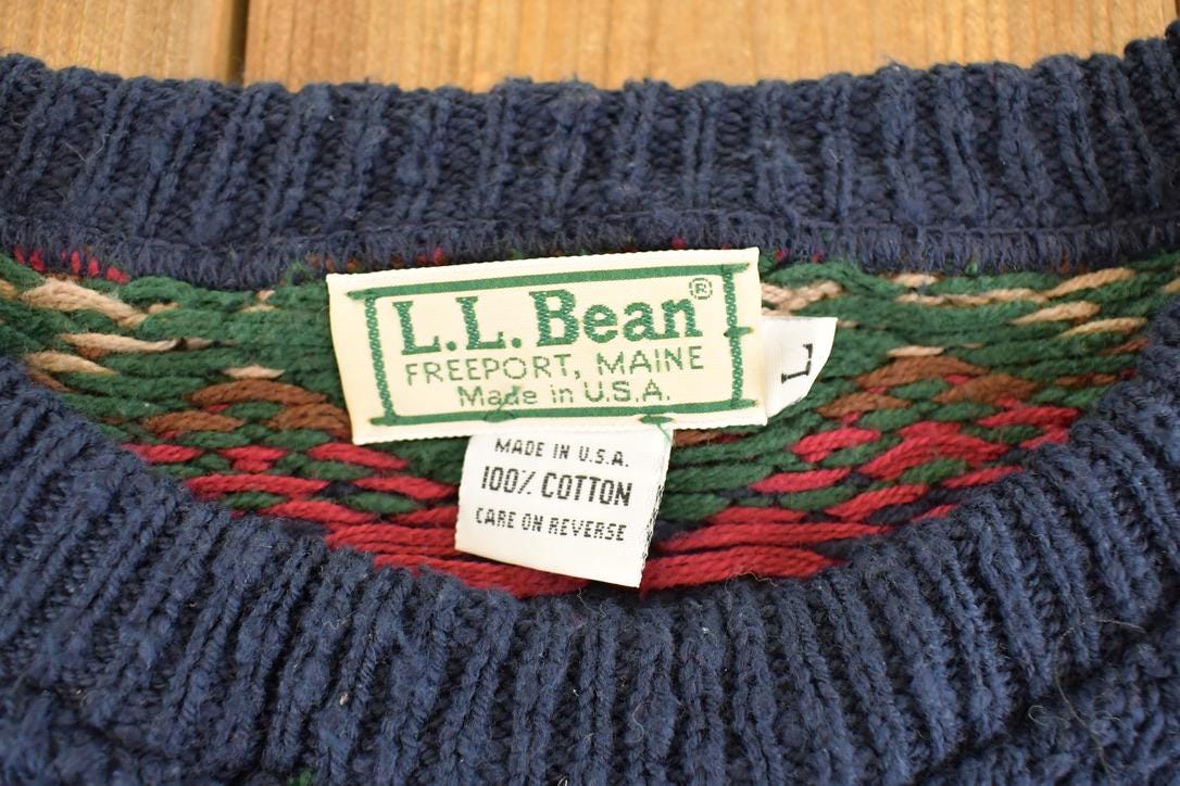 Vintage 1990s LL Bean Heavy Knit Crewneck Sweater Men's L / 90's Abstract Pattern 3D Knitted Sweatshirt