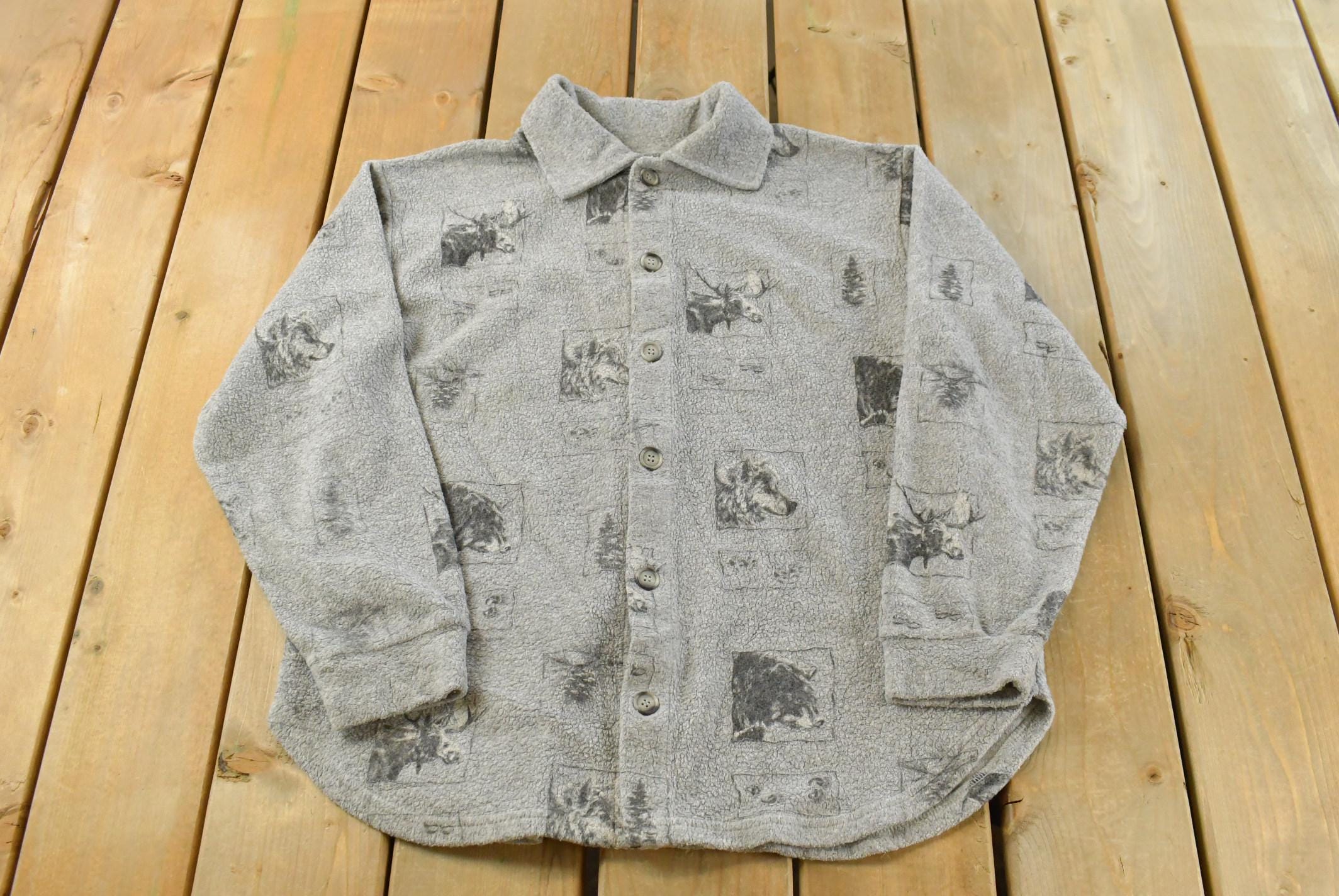 Vintage 1990s Animal Print Fleece Button Up Shirt Mens L