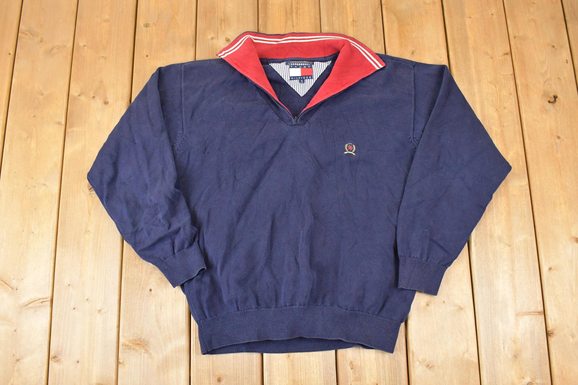 Vintage 1990s Tommy Hilfiger Quarter Zip Knit Sweater Mens L  90s Knitted Sweatshirt  Vintage Preppy Knits