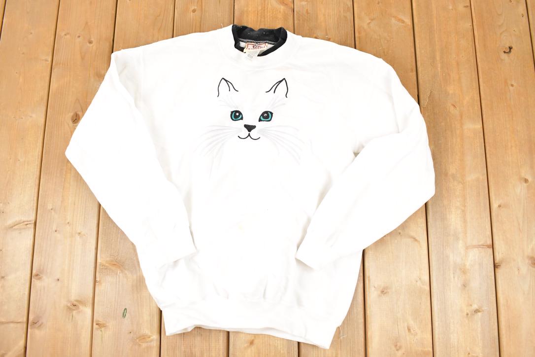 Vintage 1990s Top Stitch Cute Kitty Face Double Collar Crewneck Sweatshirt Women's M