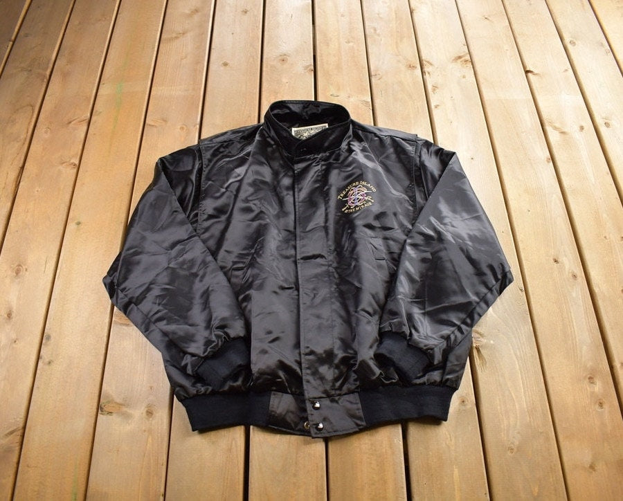 Vintage 1980s Treasure Island Mirage Embroidered Snap Button Satin Jacket Made In USA