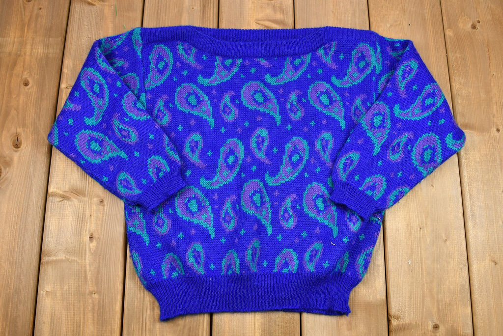 Vintage 1980s Dayglo Paisley Print Boat-Neck Knit Sweater
