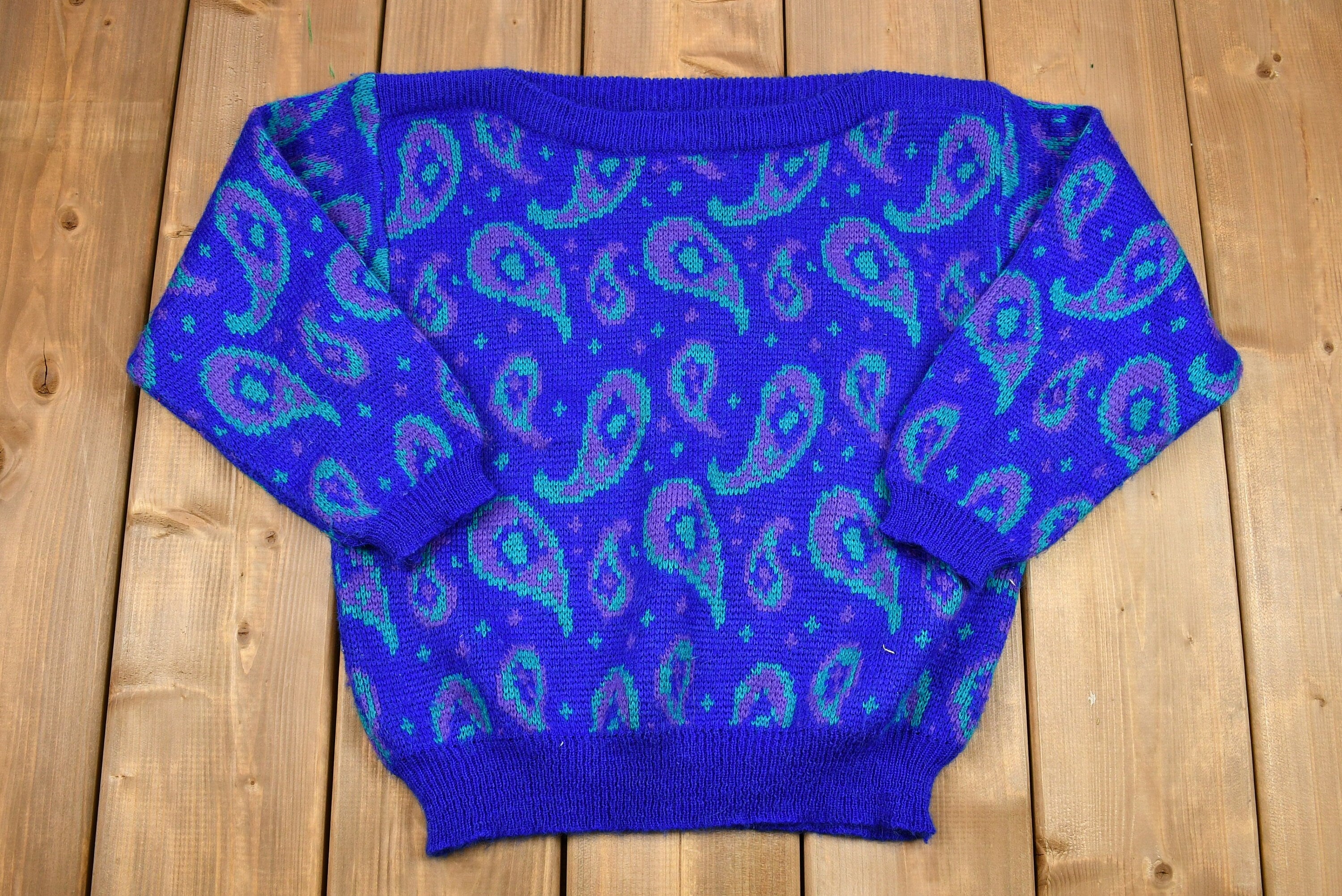 Vintage 1980s Dayglo Paisley Print Boat-Neck Knit Sweater