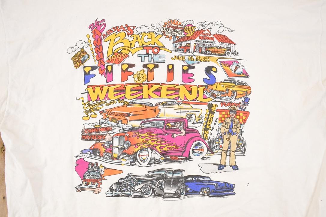 Vintage 1999 50's Weekend Cartoon Hot Rod Graphic Print Souvenir T-Shirt Men's L