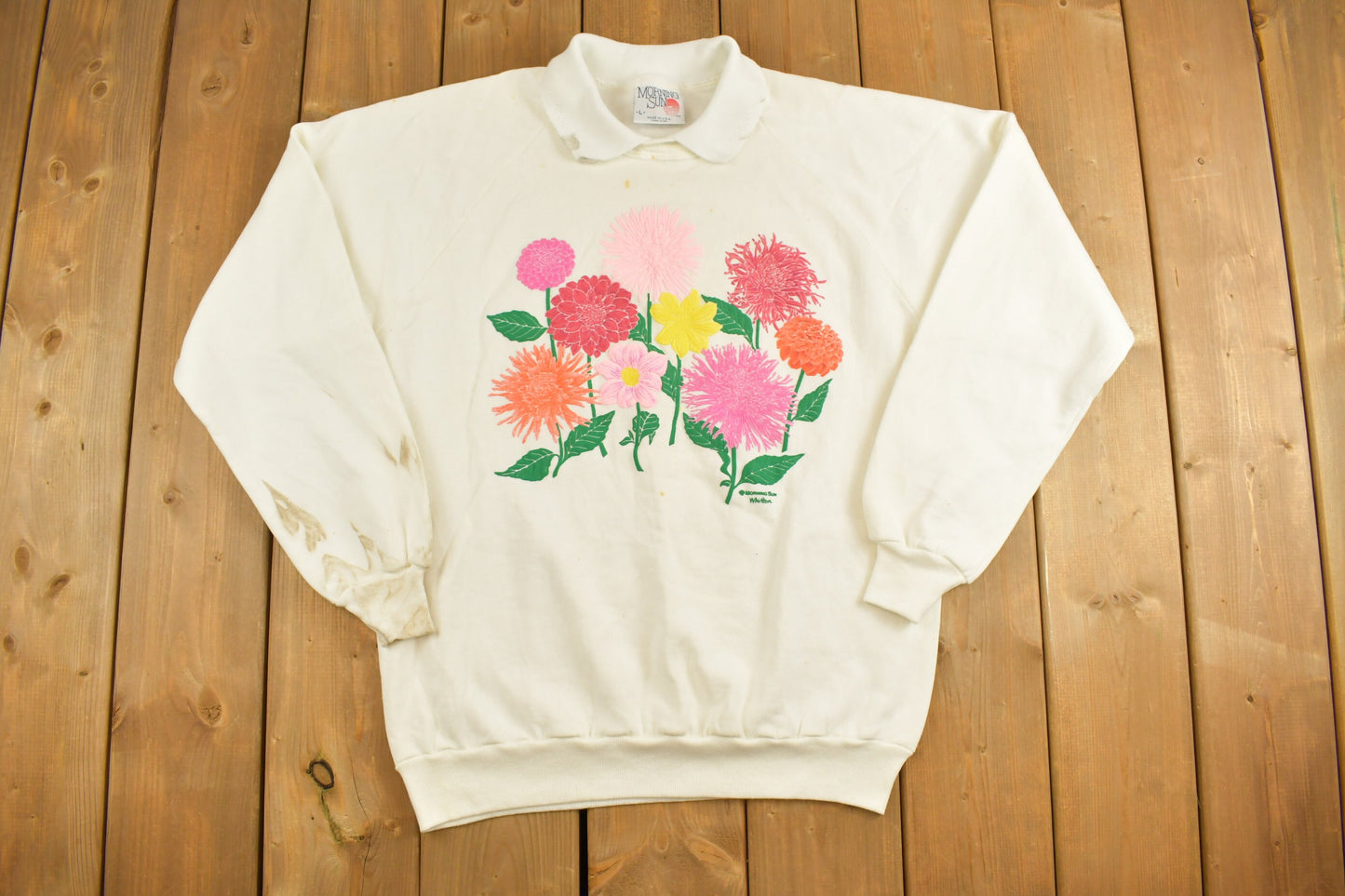 Vintage 1980s Morning Sun Floral Graphic Collared Sweatshirt / 90s Sweatshirt / Souvenir / Athleisure / Streetwear / Made In USA