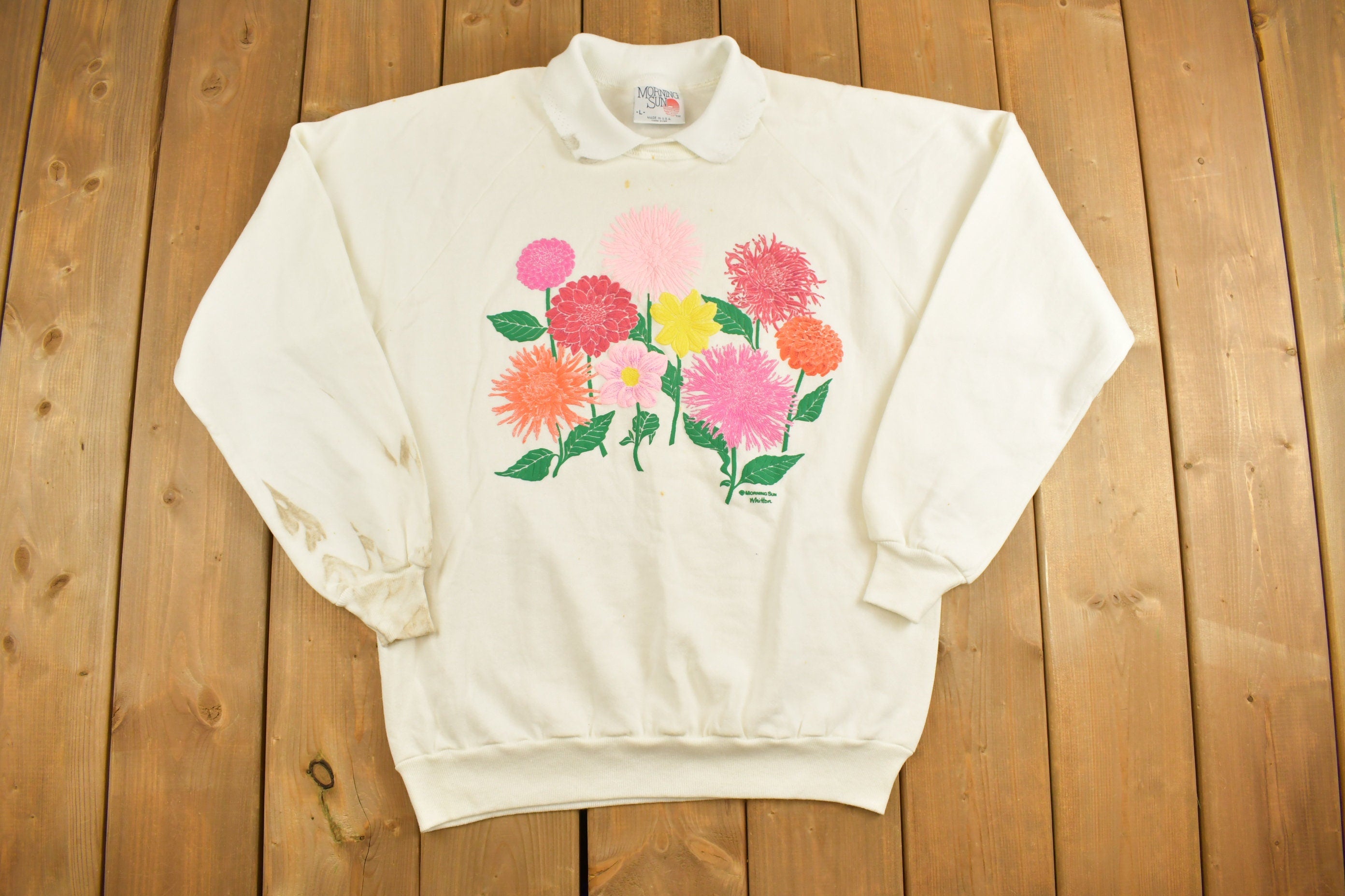 Vintage 1980s Morning Sun Floral Graphic Collared Sweatshirt